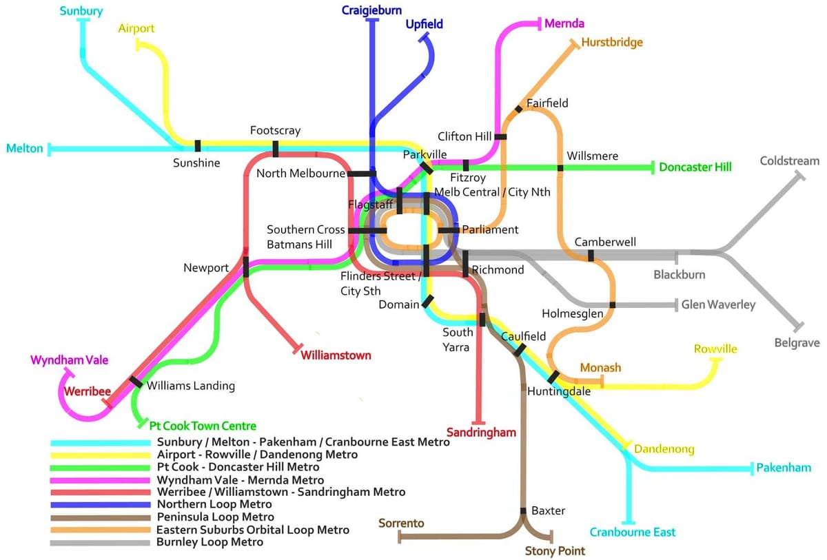 รถไฟใต้ดินรถไฟบนแผนที่เมลเบิร์น
