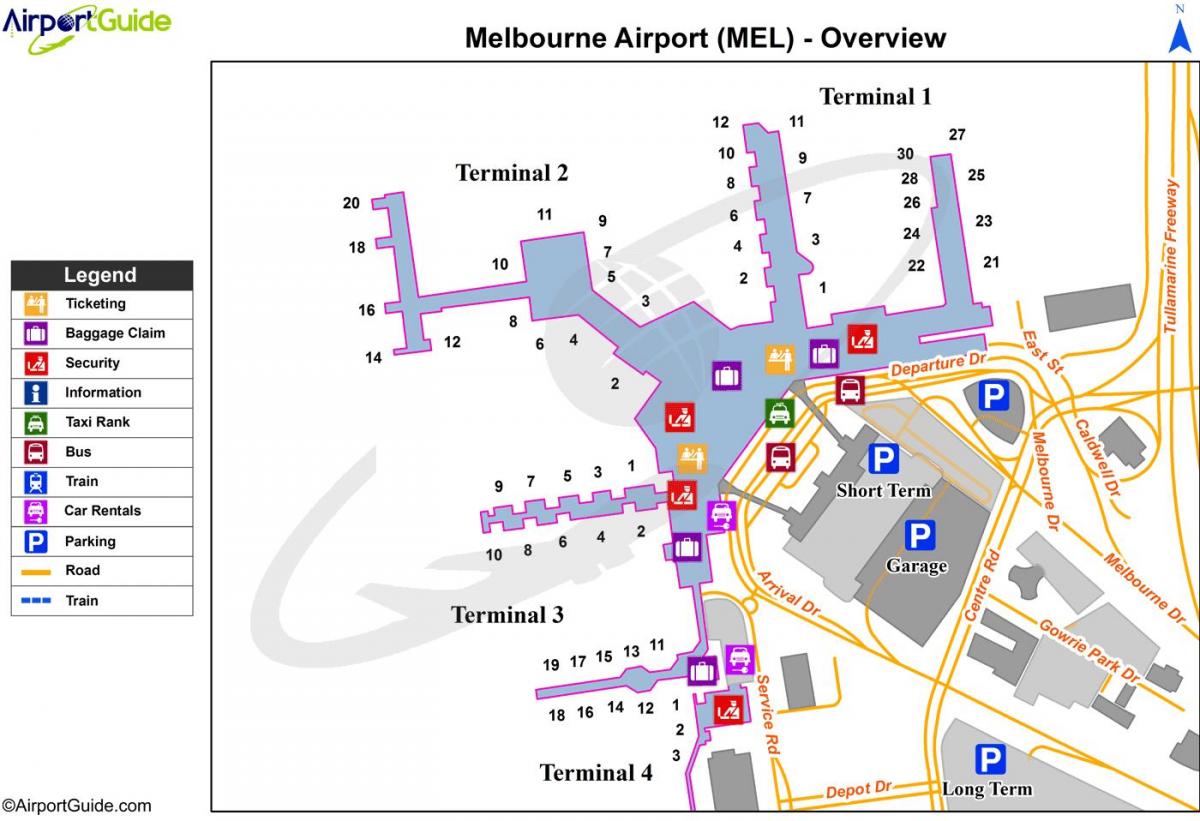 แผนที่ของเมลเบิร์นสนามบิน terminals