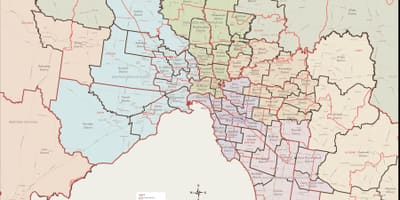 แผนที่ของเมลเบิร์นฝั่งตะวันออกหมู่บ้านย่านชานเมืองต่าง