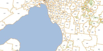 แผนที่ของเมลเบิร์น postcodes
